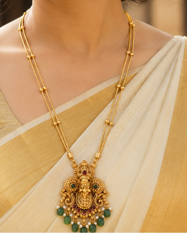 Antique Gold Nakshi Mukhambika Goddess Face Long Pendant Necklace Set with Jade | OL99