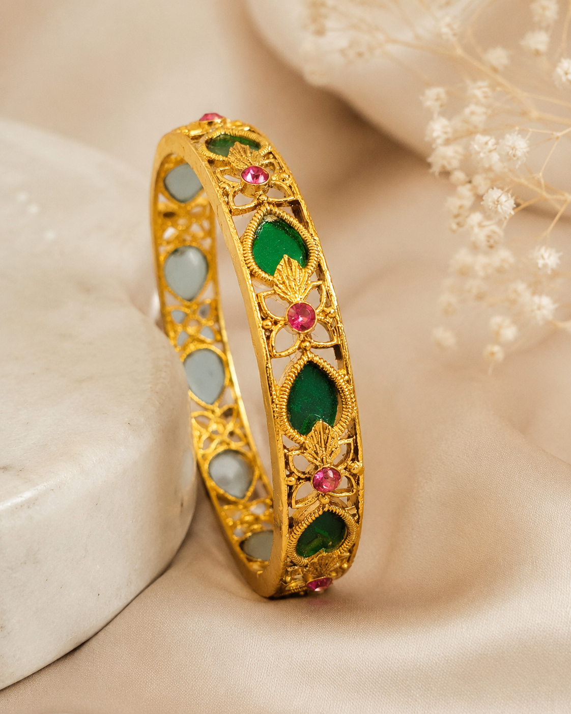 Gold Emerald Marquise Kemp Bangle -Pattern 2 | ONK123