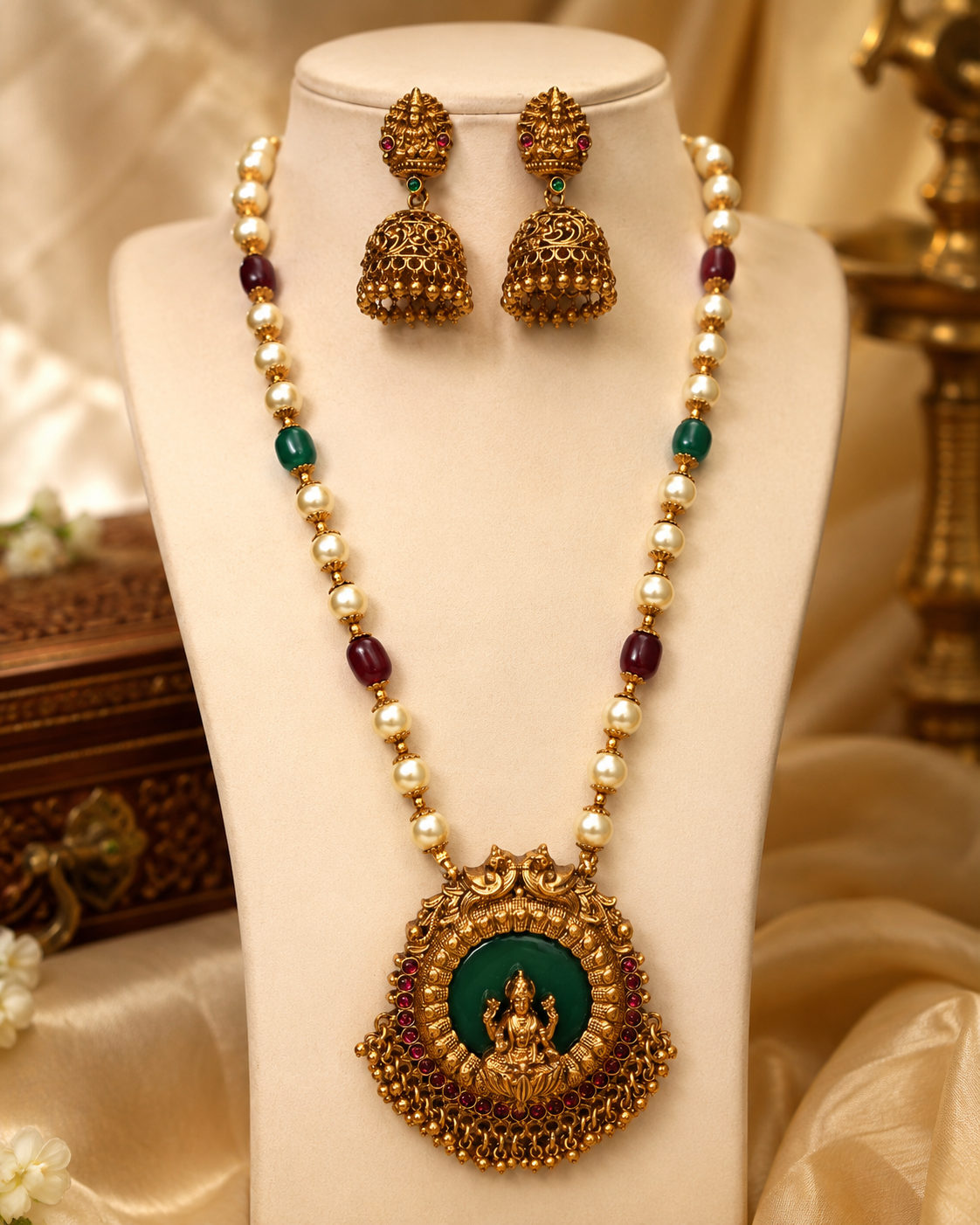 Antique Gold Nakshi Lakshmi Jade Green Mirror Pendant Pearl Bead Long Necklace Set | OL142