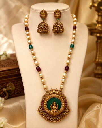 Antique Gold Nakshi Lakshmi Jade Green Mirror Pendant Pearl Bead Long Necklace Set | OL142