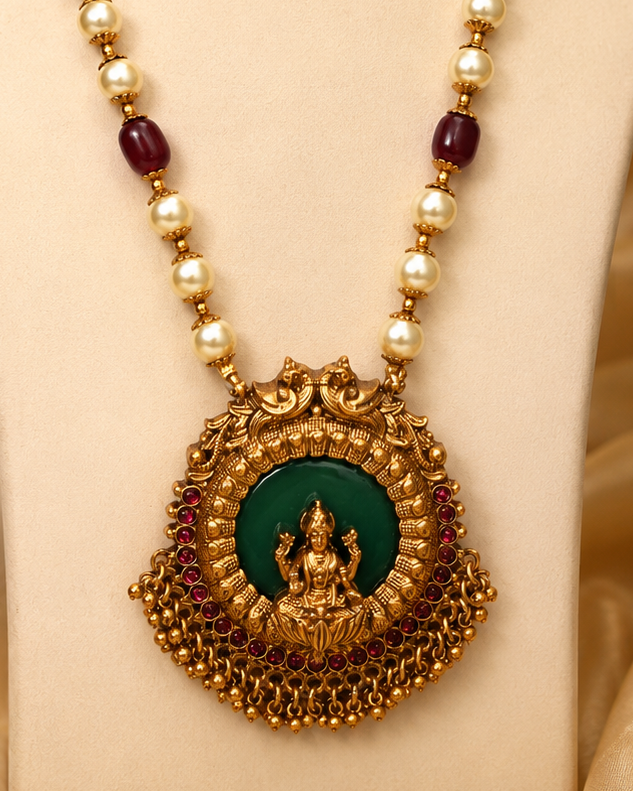 Antique Gold Nakshi Lakshmi Jade Green Mirror Pendant Pearl Bead Long Necklace Set | OL142