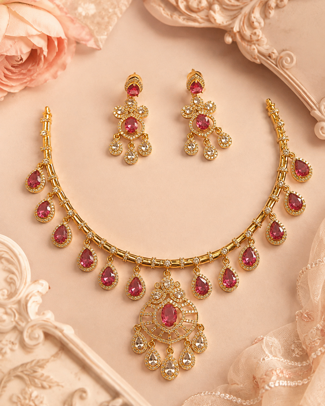 Victorian Style Gold Ruby Choker Necklace Set with Emerald Sunburst Pendant | NKV14