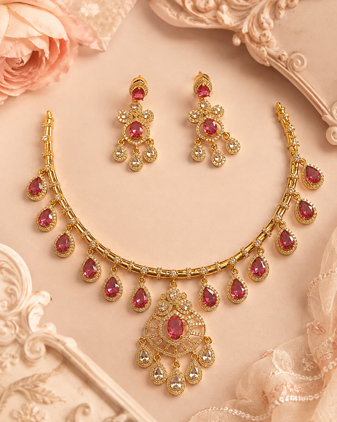 Victorian Style Gold Ruby Choker Necklace Set with Emerald Sunburst Pendant | NKV14