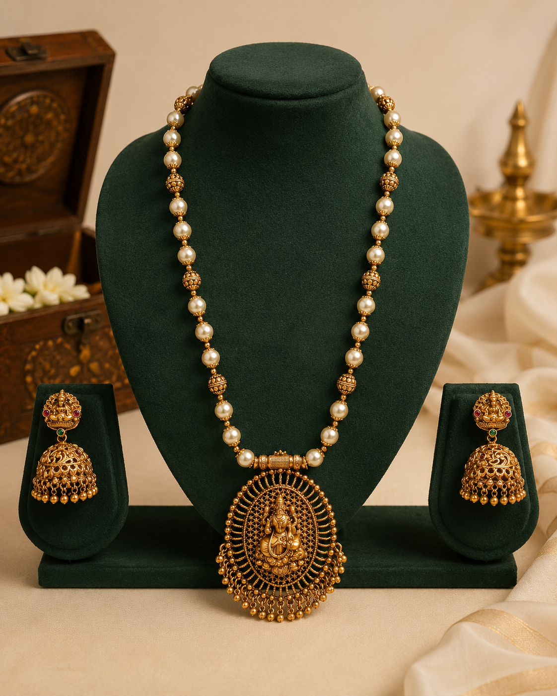 Antique Gold Nakshi Lakshmi Oval Sunburst Pendant Pearl Bead Long Necklace Set | OL142