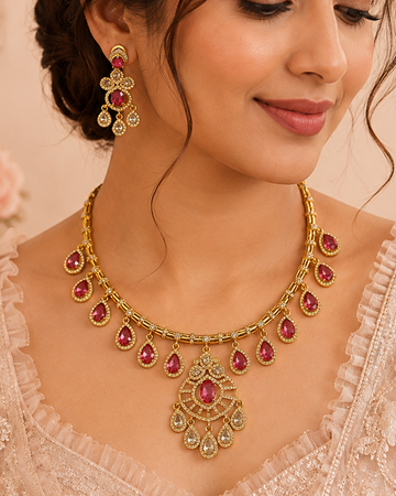 Victorian Style Gold Ruby Choker Necklace Set with Emerald Sunburst Pendant | NKV14