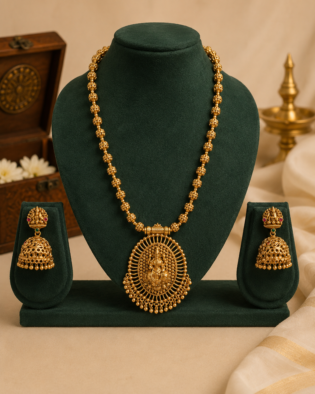 Antique Gold Nakshi Lakshmi Oval Sunburst Pendant Nakshi Ball Bead Long Necklace Set | OL71