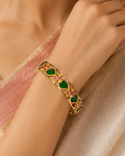 Gold Emerald Heart Kemp Mirror Bangle -Pattern 3  | ONK123