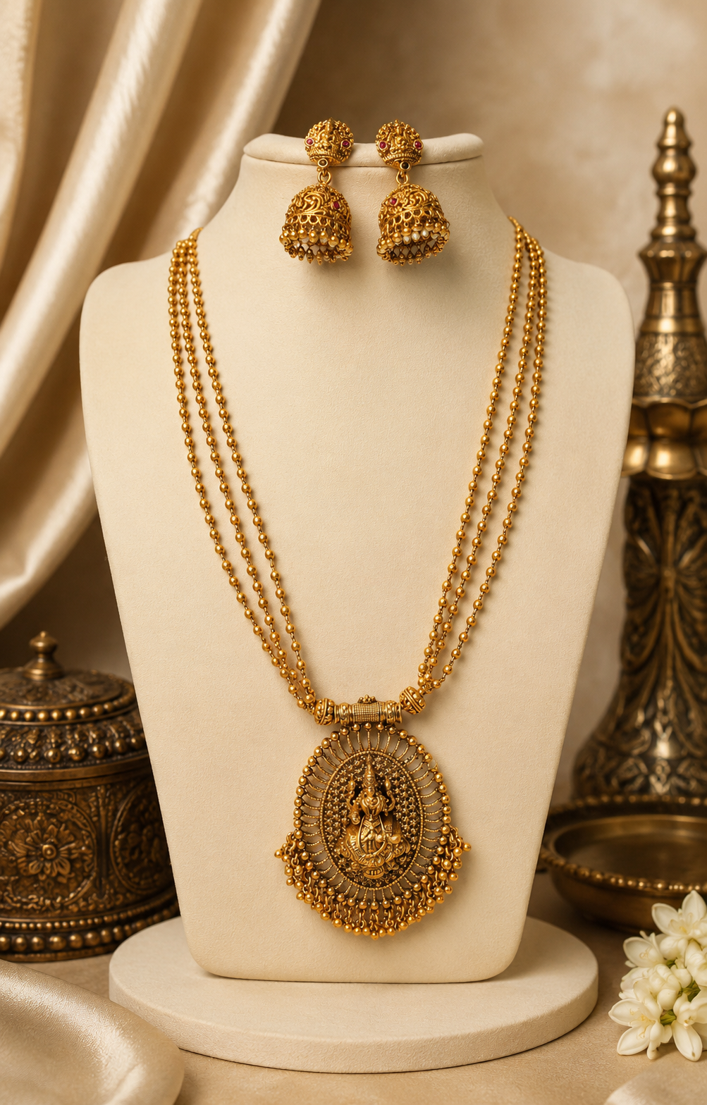 Antique Gold Lakshmi Oval Sunburst Pendant Triple Strand Ball Chain Long Necklace Set | OL71