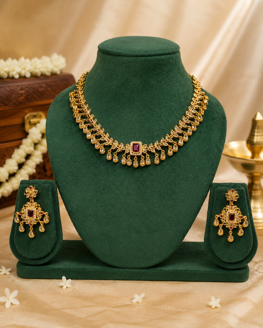 Gold Polki CZ Leaf Vine Ruby Rectangle Centrepiece Necklace Set with Teardrop Fringe | OL237