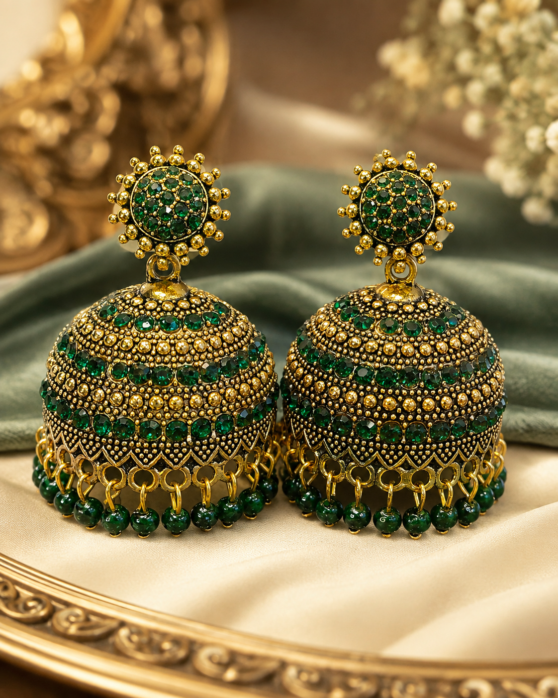 Antique Gold Full Emerald Jhumka with Emerald Bead Fringe | SITA2869