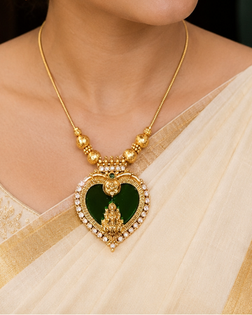 Antique Gold Nakshi Lakshmi Heart Pendant Long Necklace with Jade Green Mirror | L-14990