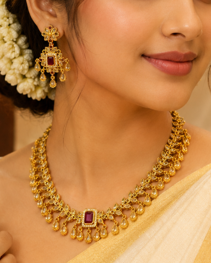 Gold Polki CZ Leaf Vine Ruby Rectangle Centrepiece Necklace Set with Teardrop Fringe | OL237