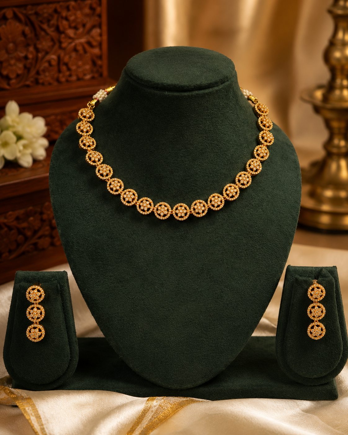Gold Granulated Floral Circle Link Necklace Set | OL235