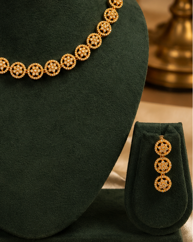 Gold Granulated Floral Circle Link Necklace Set | OL235