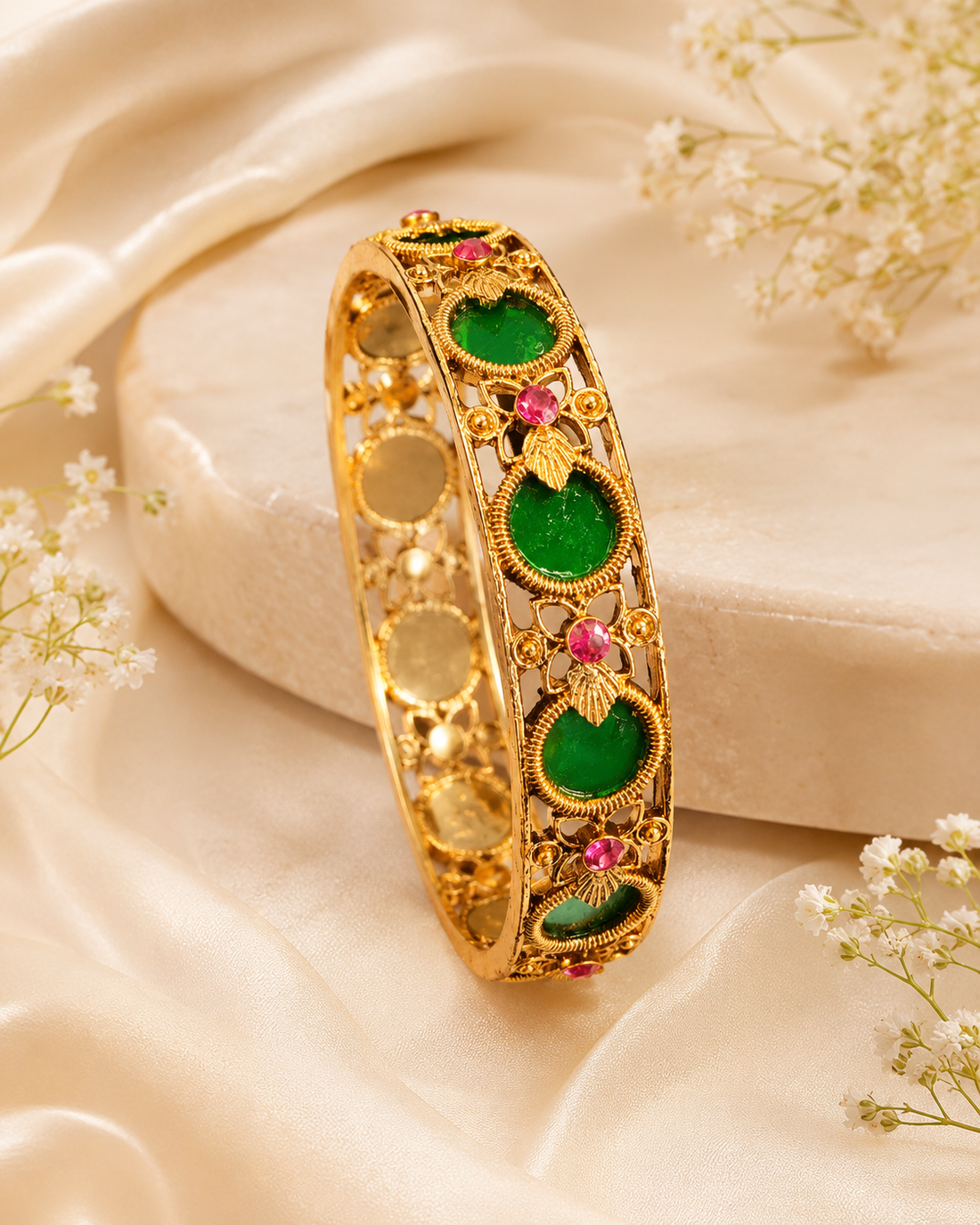 Gold Emerald Round Cabochon Granule Bangle -Pattern 5 | ONK123