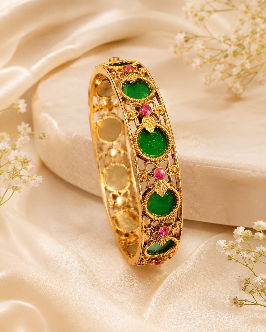 Gold Emerald Round Cabochon Granule Bangle -Pattern 5 | ONK123