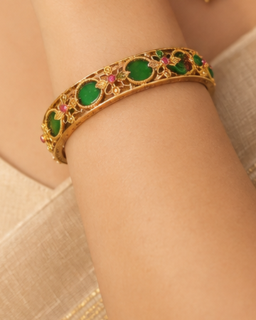 Gold Emerald Round Cabochon Granule Bangle -Pattern 5 | ONK123