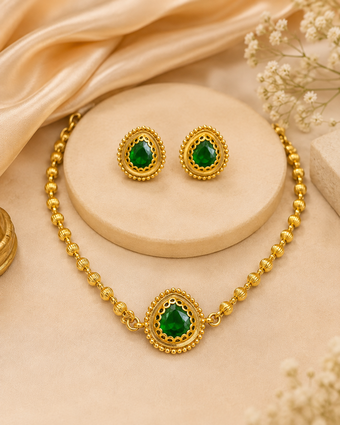 Gold Emerald Oval Pendant Melon Ball Chain Necklace Set | L15016