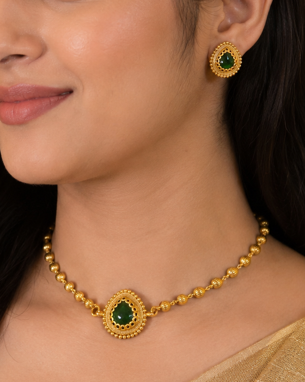 Gold Emerald Oval Pendant Melon Ball Chain Necklace Set | L15016