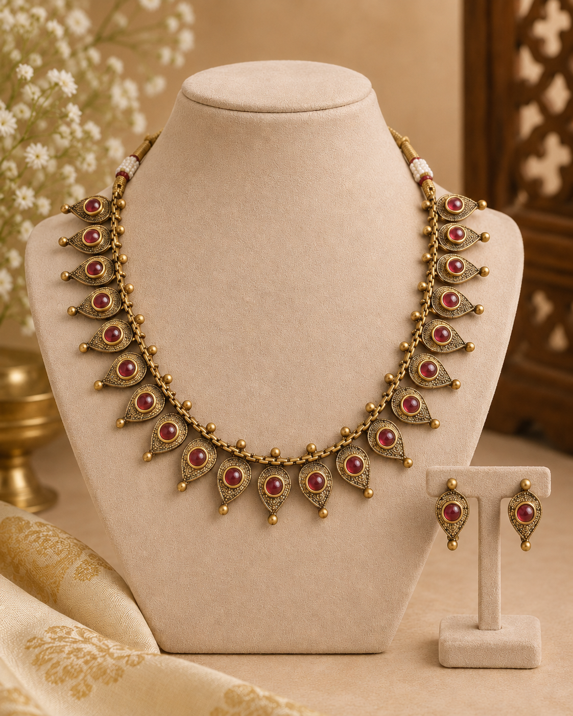 Antique Gold Ruby Teardrop Fringe Necklace Set | NKV17