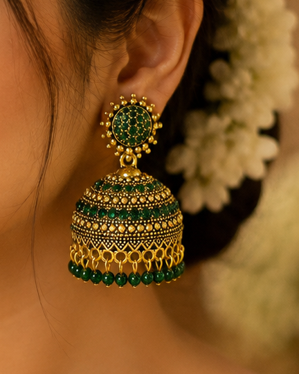 Antique Gold Full Emerald Jhumka with Emerald Bead Fringe | SITA2869