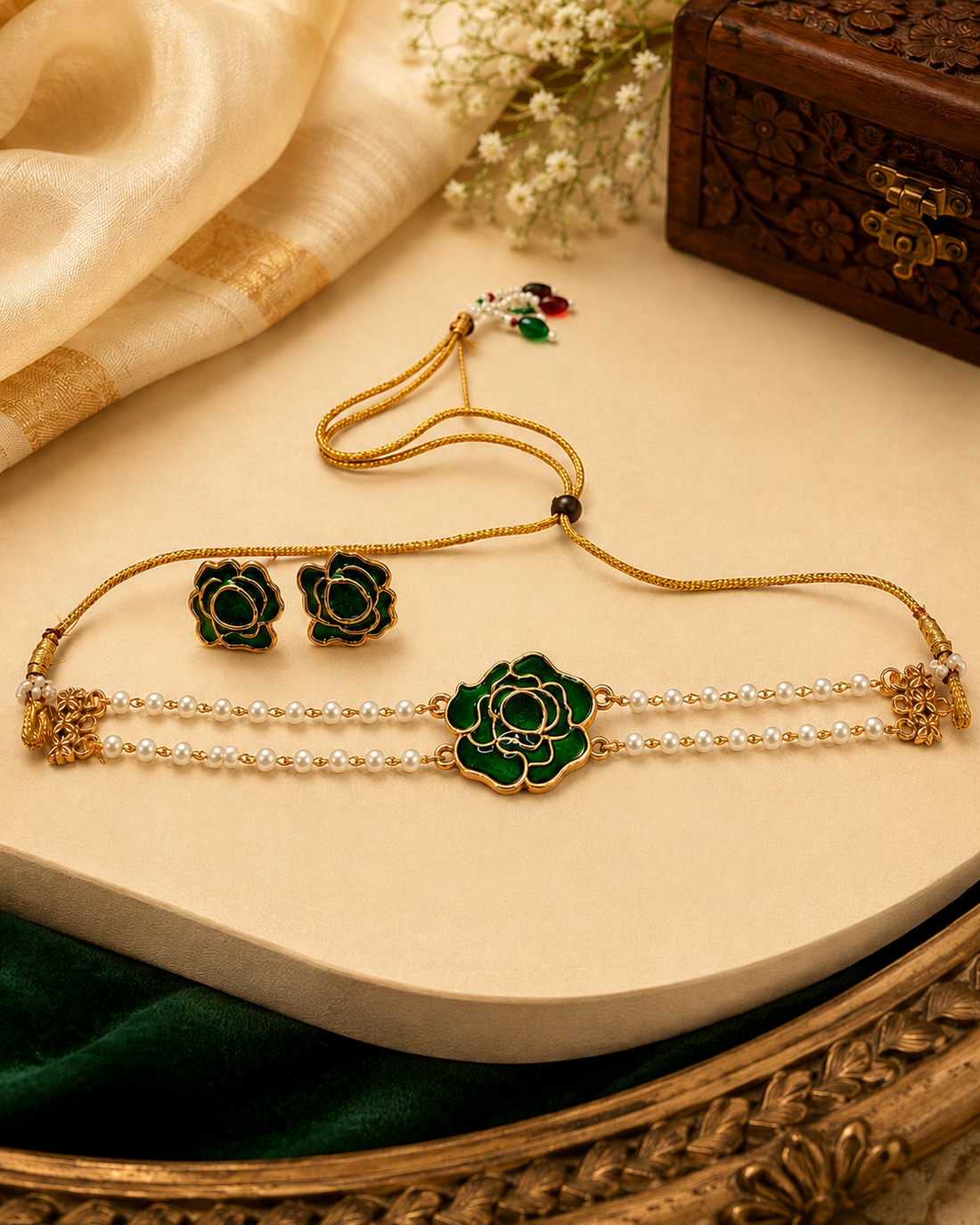 Gold Green Enamel Rose Flower Pendant Double Pearl Strand Choker Necklace Set | OL79