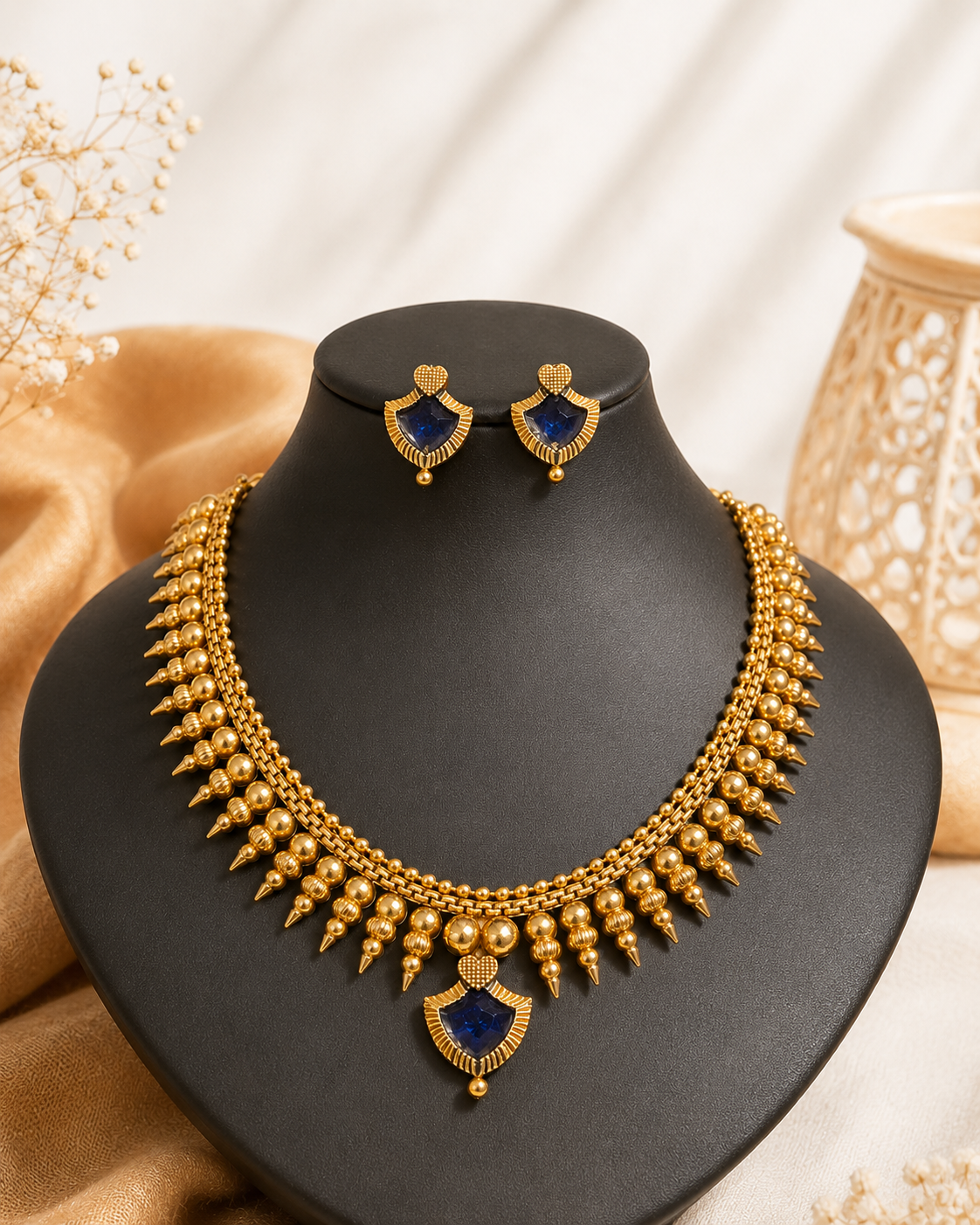Gold Navy Blue Triple Strand Chain Necklace Set | L14767