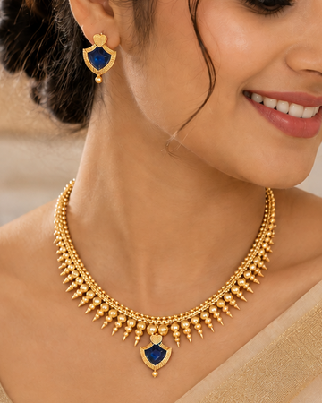 Gold Navy Blue Triple Strand Chain Necklace Set | L14767