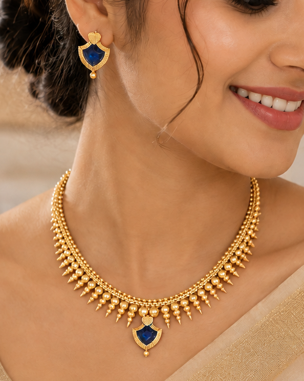 Gold Navy Blue Triple Strand Chain Necklace Set | L14767