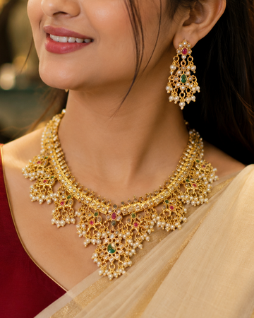 Gold Ruby Emerald Pearl Cascade Fringe Choker Necklace Set | ONK4