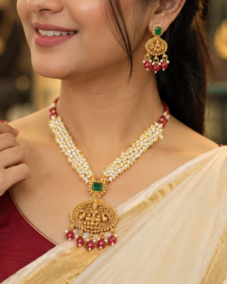 Antique Gold Emerald Top Ruby Bead Pearl Long Necklace Set | ONK2