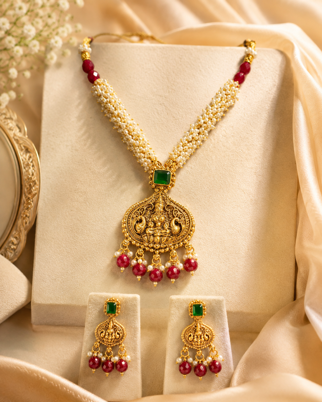 Antique Gold Emerald Top Ruby Bead Pearl Long Necklace Set | ONK2