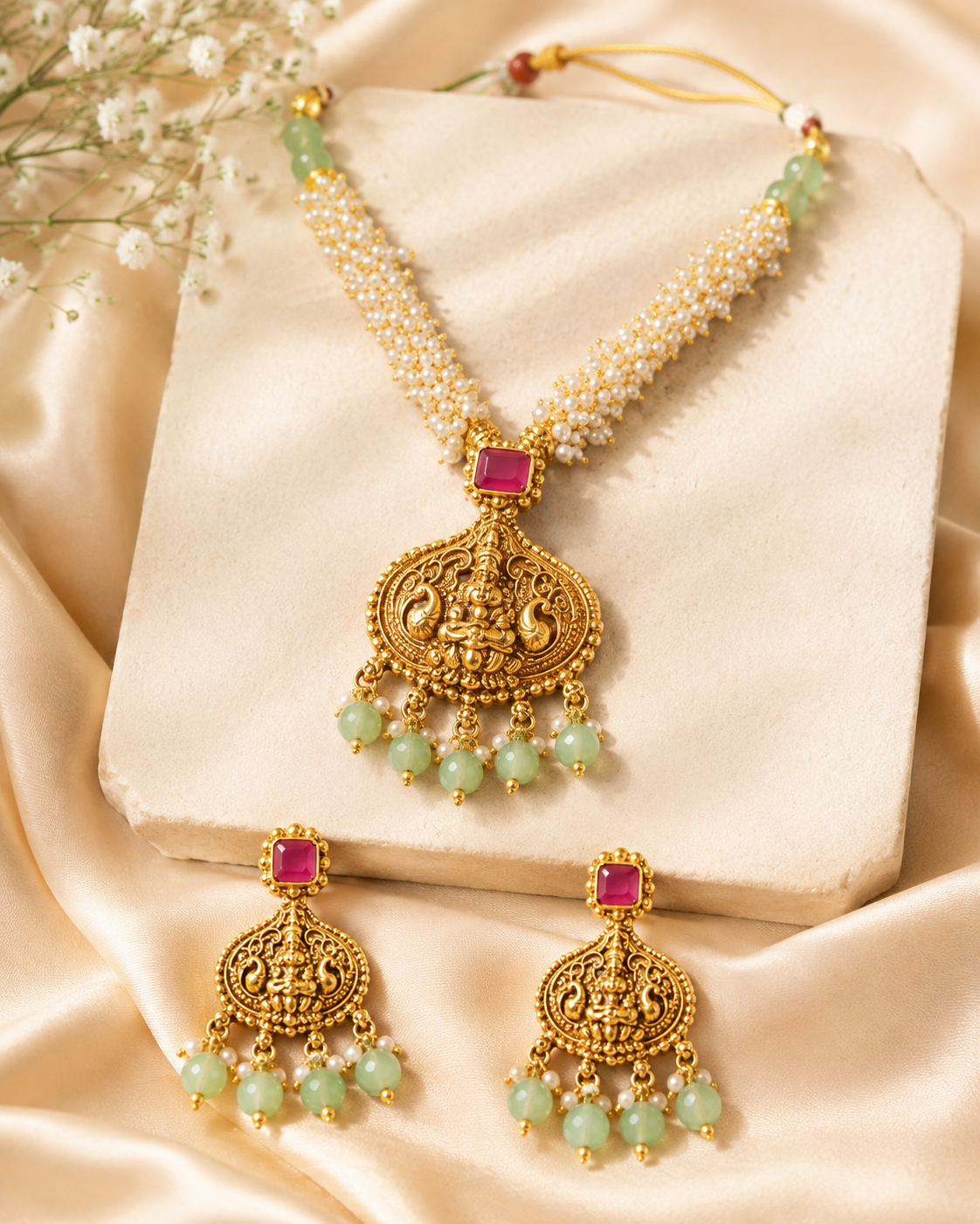 Antique Gold Emerald Top Ruby Bead Pearl Long Necklace Set | ONK2