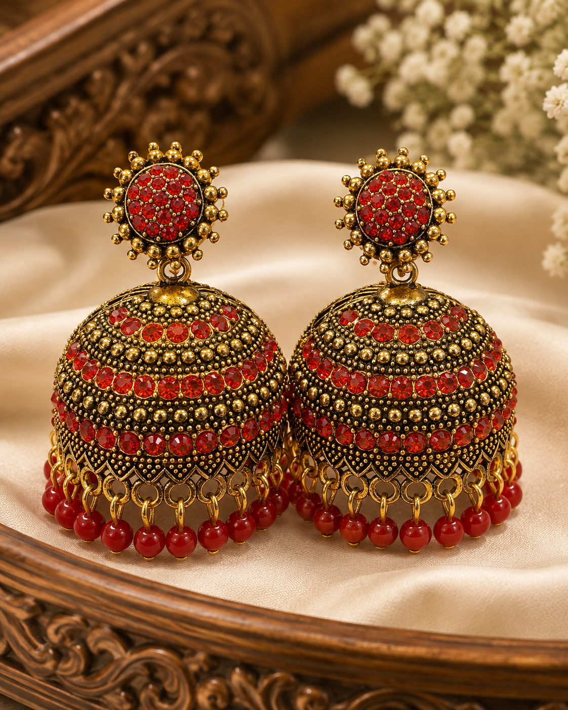Antique Gold Full Emerald Jhumka with Emerald Bead Fringe | SITA2869