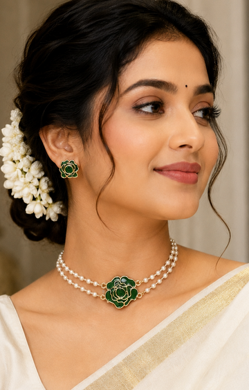 Gold Green Enamel Rose Flower Pendant Double Pearl Strand Choker Necklace Set | OL79