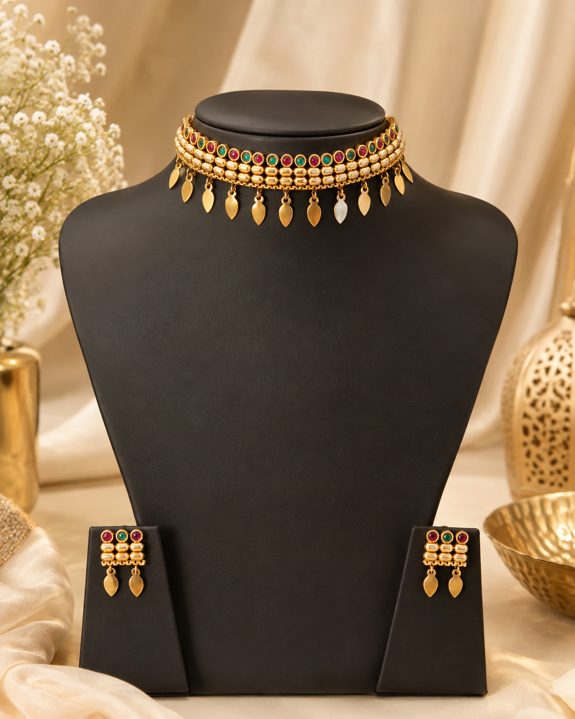 Gold Ruby Emerald Kemp Barrel Bead Choker Necklace Set | ONK119