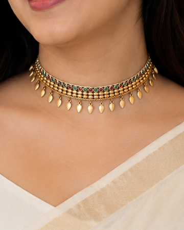 Gold Ruby Emerald Kemp Barrel Bead Choker Necklace Set | ONK119