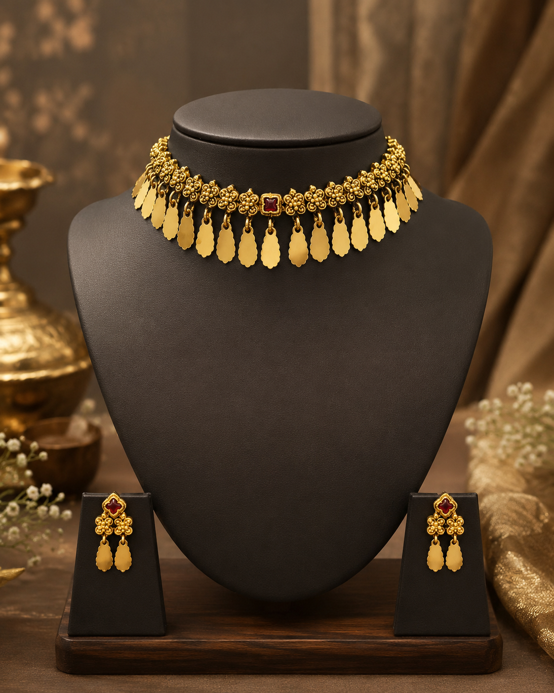 Antique Gold Ruby Kemp Granule Flower Choker Necklace Set | ONK115
