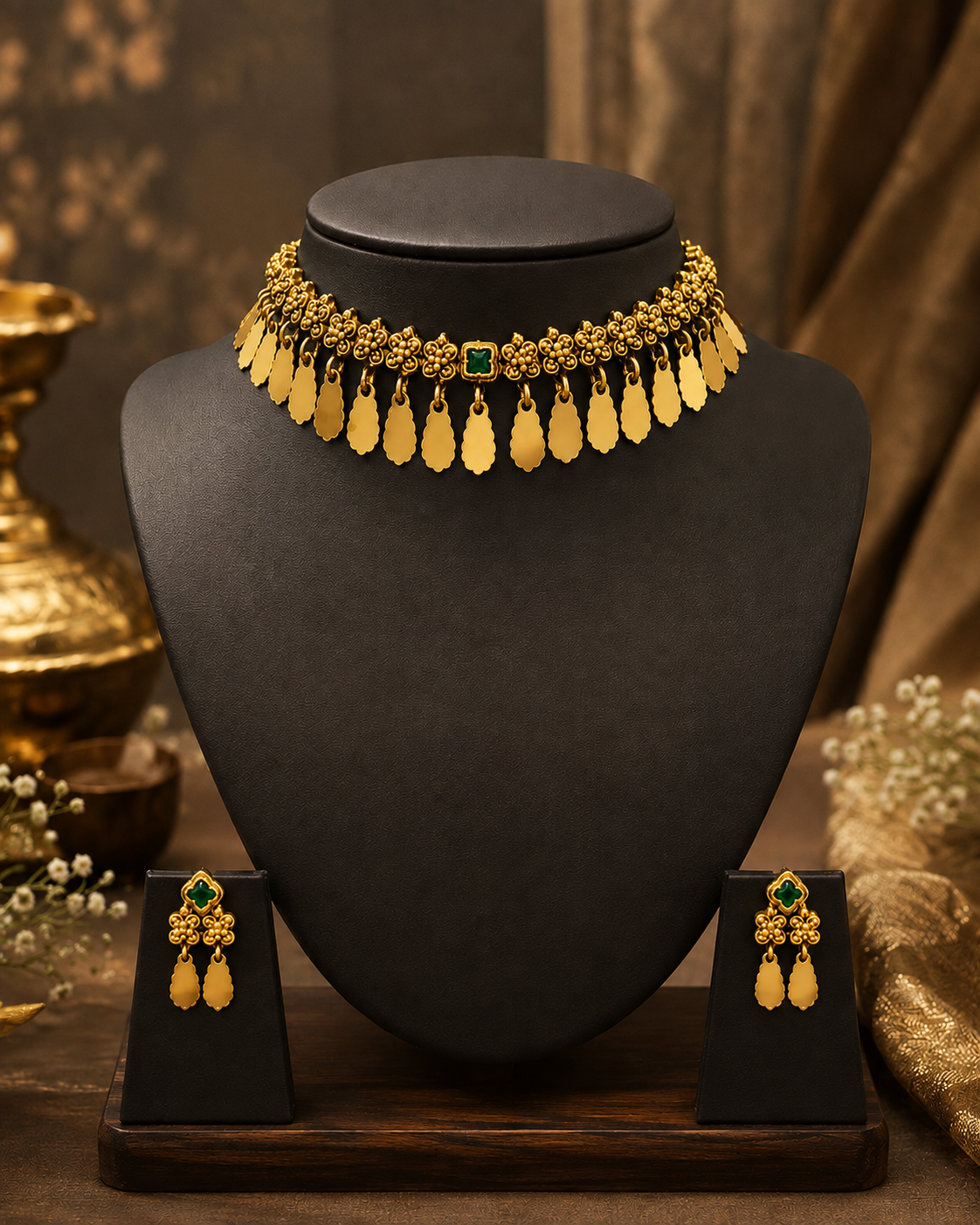 Antique Gold Ruby Kemp Granule Flower Choker Necklace Set | ONK115