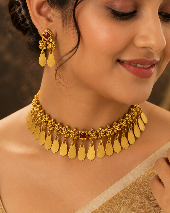 Antique Gold Ruby Kemp Granule Flower Choker Necklace Set | ONK115