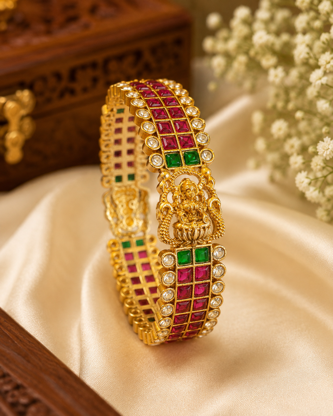 Gold Ruby Emerald Square Kemp Kundan Polki Grid Lattice Wide Cuff Bangle | ONK149