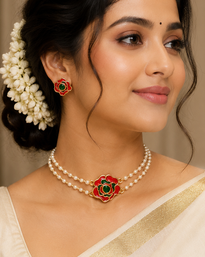 Gold Green Enamel Rose Flower Pendant Double Pearl Strand Choker Necklace Set | OL79