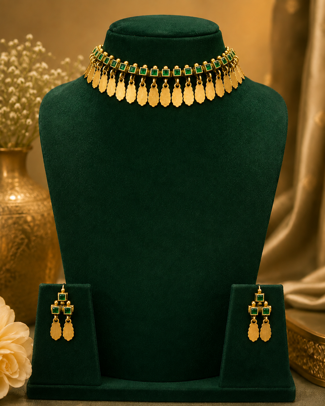 Gold Emerald Square Kemp Gold Ball Choker Necklace Set | ONK116