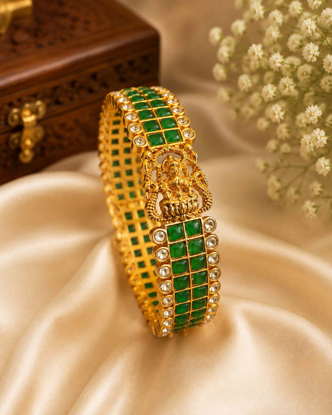 Gold Ruby Emerald Square Kemp Kundan Polki Grid Lattice Wide Cuff Bangle | ONK149