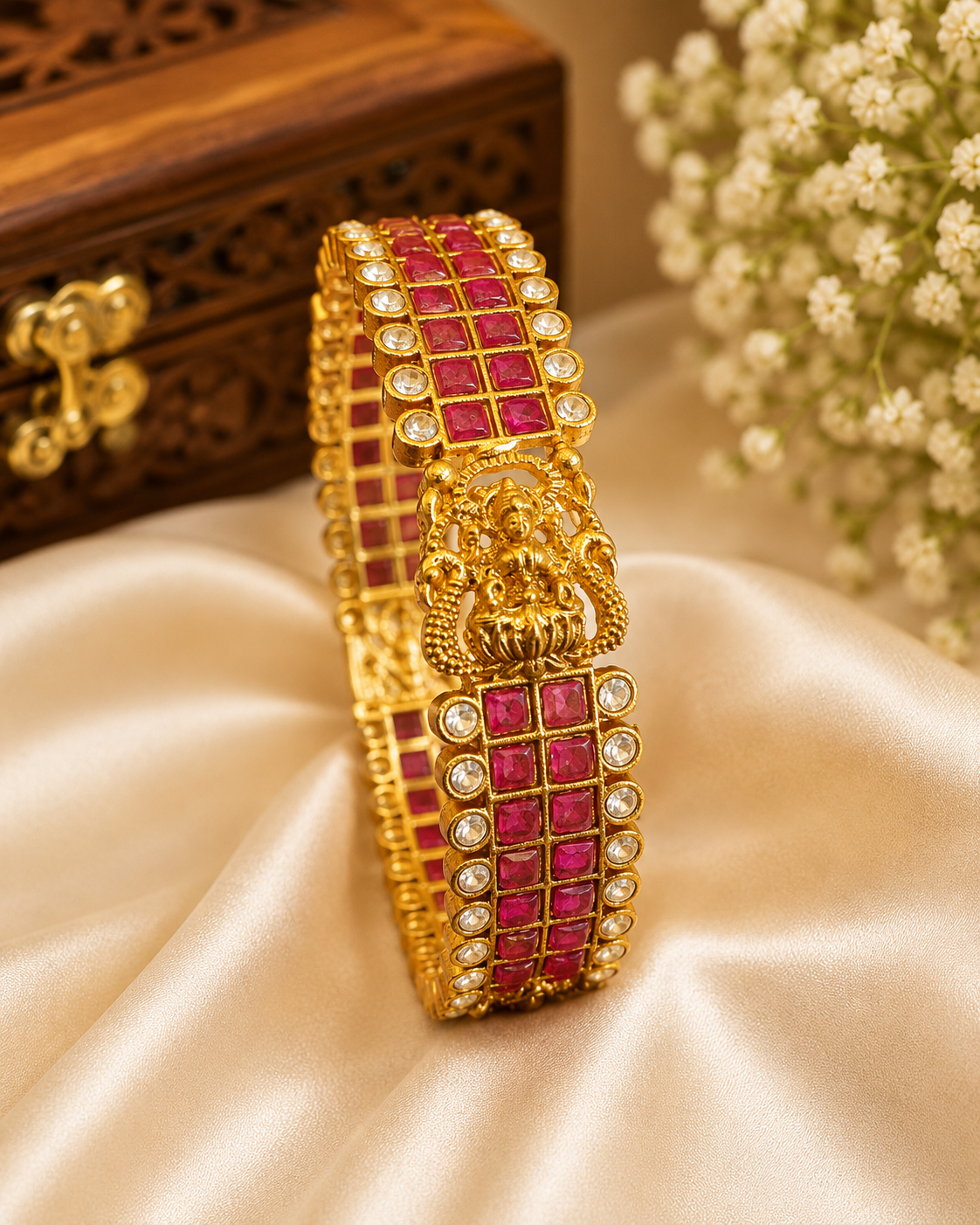 Gold Ruby Emerald Square Kemp Kundan Polki Grid Lattice Wide Cuff Bangle | ONK149
