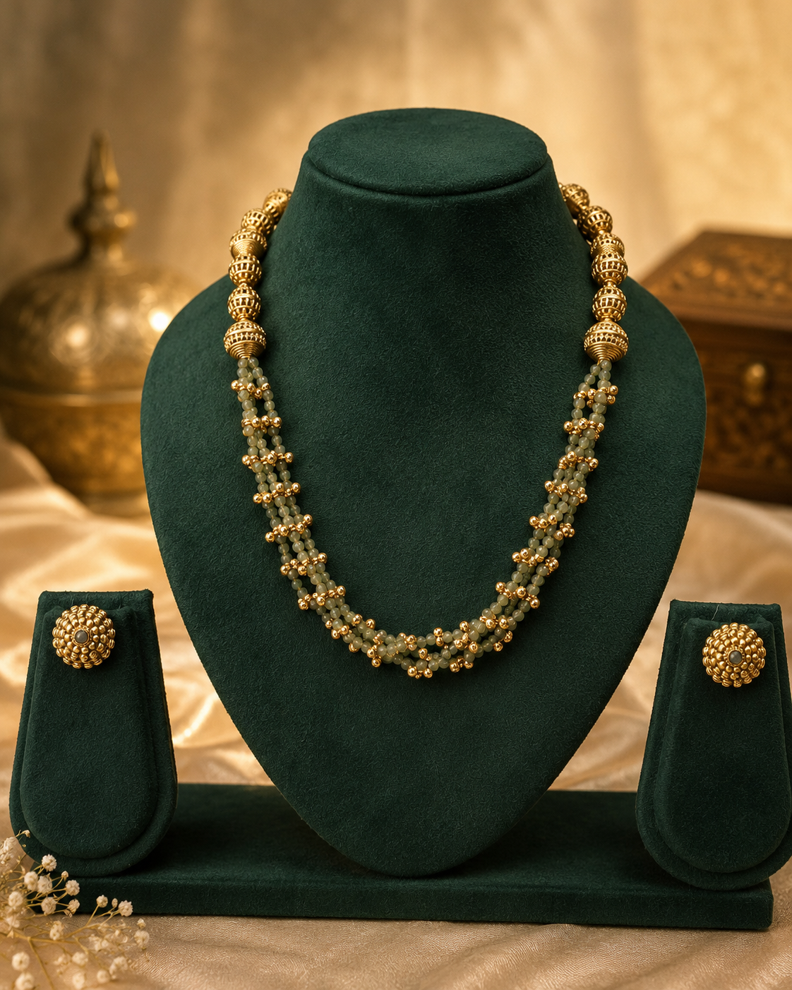 Antique Gold Nakshi Ball Triple Strand Sage Green Crystal Bead Long Necklace Set | OL110