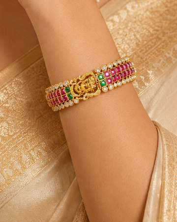 Gold Ruby Emerald Square Kemp Kundan Polki Grid Lattice Wide Cuff Bangle | ONK149