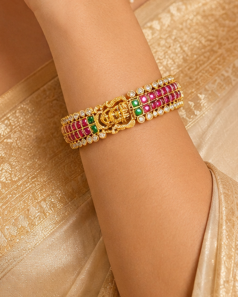 Gold Ruby Emerald Square Kemp Kundan Polki Grid Lattice Wide Cuff Bangle | ONK149