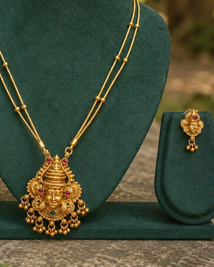 Antique Gold Nakshi Mukhambika Goddess Face Pendant Long Necklace Set | OL99