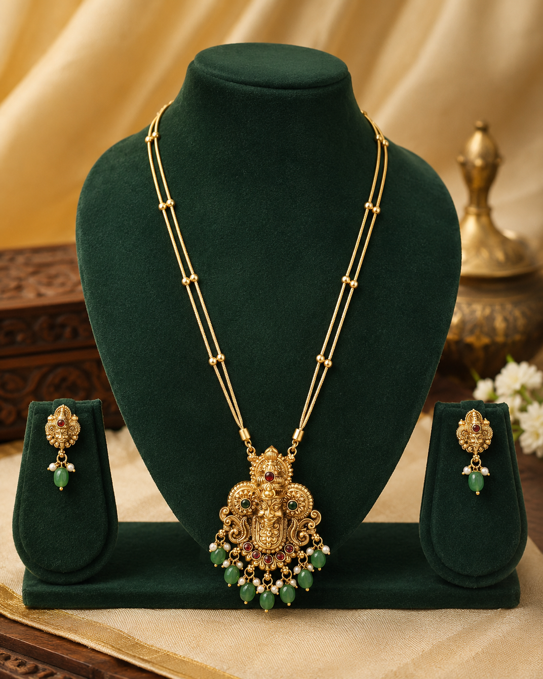 Antique Gold Nakshi Mukhambika Goddess Face Long Pendant Necklace Set with Jade | OL99